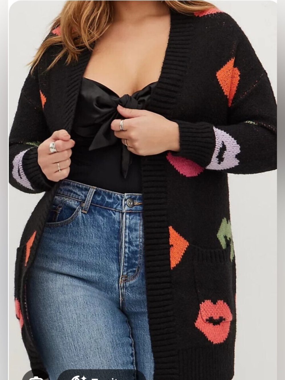 Torrid Acrylic Cardigan Open Front Drop Shoulder Lips Black